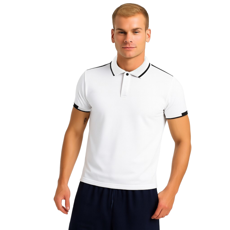 Męska elegancka koszulka polo biała czarne wstawki Męska elegancka koszulka polo biała czarne wstawki