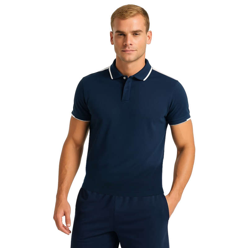 Męska elegancka koszulka polo granatowa białe wstawki Męska elegancka koszulka polo granatowa białe wstawki