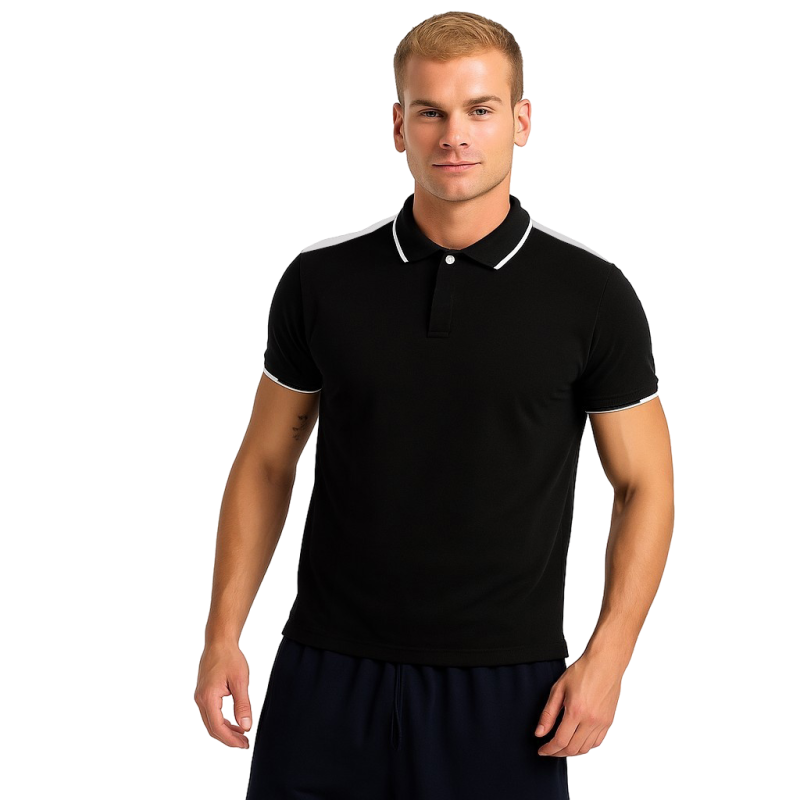 Męska elegancka koszulka polo czarna białe wstawki Męska elegancka koszulka polo czarna białe wstawki