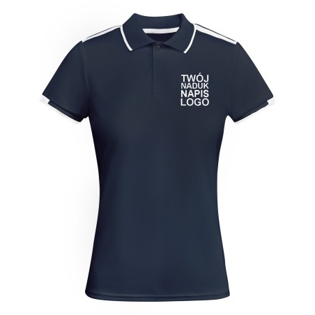 Damska elegancka koszulka polo granatowa białe wstawki z twoim nadrukiem