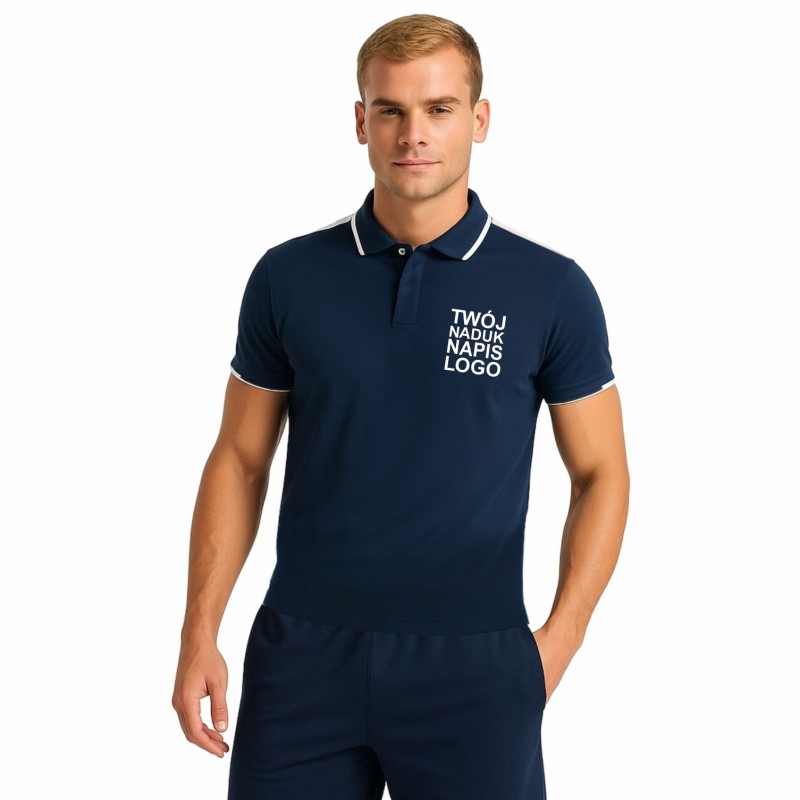 Męska elegancka koszulka polo granatowa białe wstawki z twoim nadrukiem Męska elegancka koszulka polo granatowa białe wstawki z twoim nadrukiem