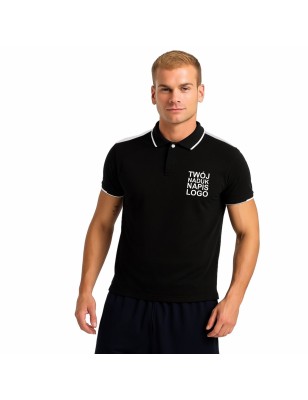 Męska elegancka koszulka polo czarna białe wstawki z twoim nadrukiem