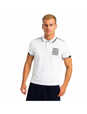 Męska elegancka koszulka polo biała czarne wstawki z twoim nadrukiem