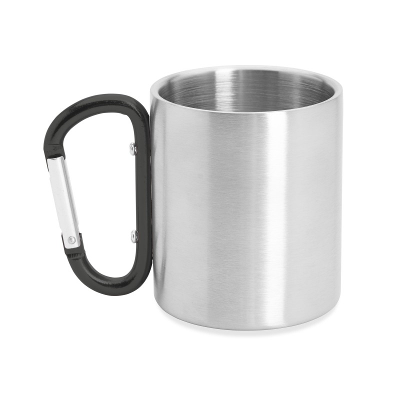 Kubek metalowy o podwójnych ściankach z karabińczykiem czarna rączka Kubek metalowy o podwójnych ściankach z karabińczykiem czarna rączka