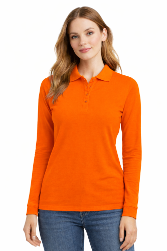 Koszulka polo damska długi rękaw pomarańczowa przód.png