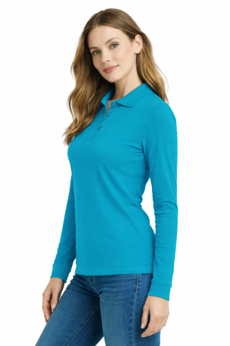 Koszulka polo damska długi rękaw turkusowa lewy bok.png