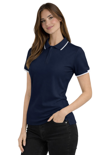 Koszulka polo damska krótki rękaw granatowa z wstawkami białymi widok z boku.png