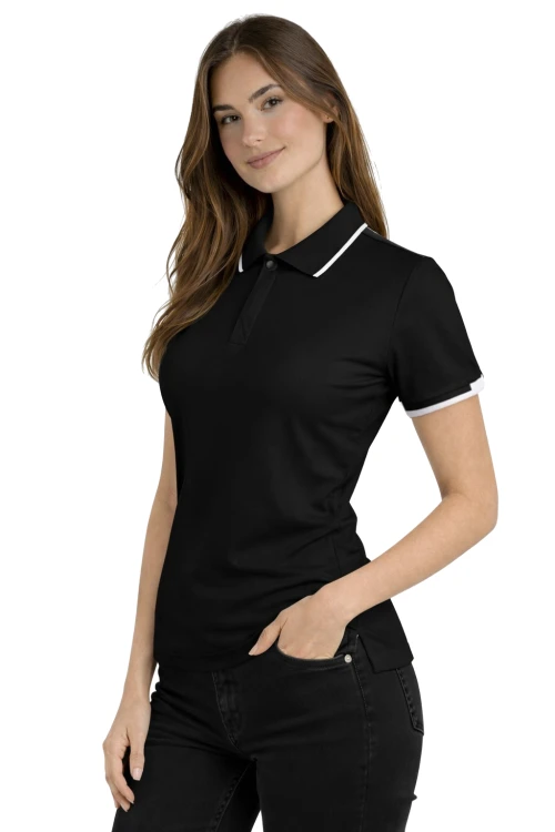 Koszulka polo damska krótki rękaw czarna z wstawkami białymi widok z boku.png