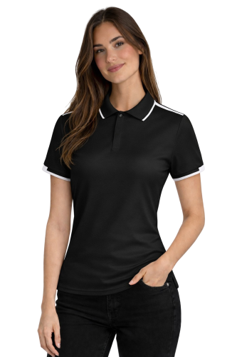 Koszulka polo damska krótki rękaw czarna z wstawkami białymi.png