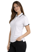 Koszulka polo damska krótki rękaw biała z wstawkami czarnymi widok z boku.png