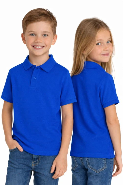 Koszulka polo dziecięca dla chłopca i dziewczynki w wieku 3-14 lat chabrowa widok dzieci.png