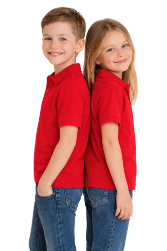 Koszulka polo dziecięca dla chłopca i dziewczynki w wieku 3-14 lat czerwona widok dzieci plecemi.png