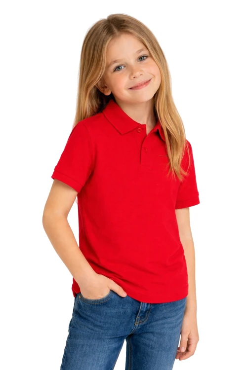 Koszulka polo dziecięca dla chłopca i dziewczynki w wieku 3-14 lat czerwona widok dziewczynki.png