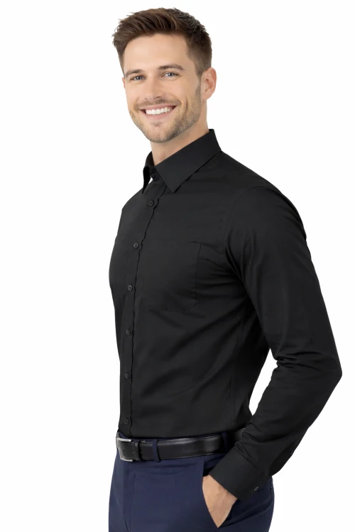 Koszula męska długi rękaw zapinana na guziki czarna widok z boku.png