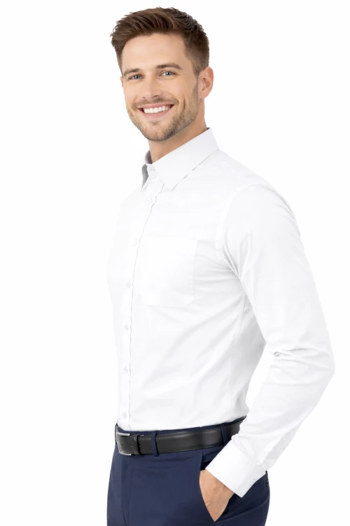 Koszula męska długi rękaw zapinana na guziki biała widok z boku.png