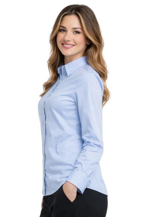 Koszula damska długi rękaw niebieska widok z boku.png