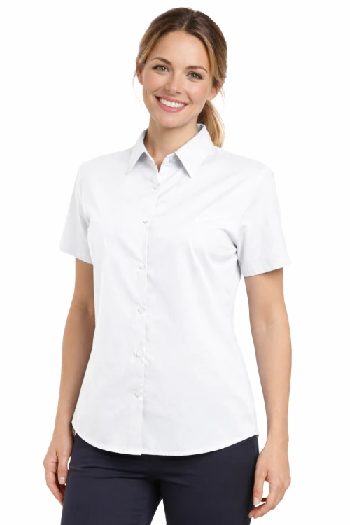 Koszula damska krótki rękaw zapinana na guziki biała.png