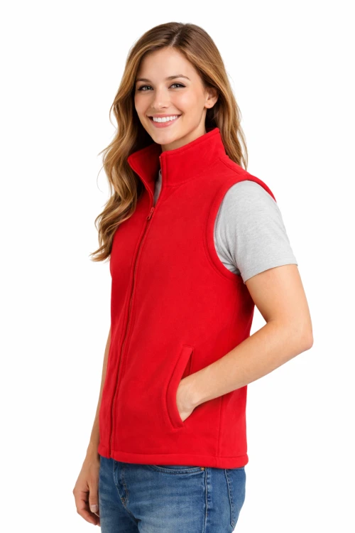 Kamizelka damska bezrękawnik polar zapinany na zamek czerwony widok z boku.png