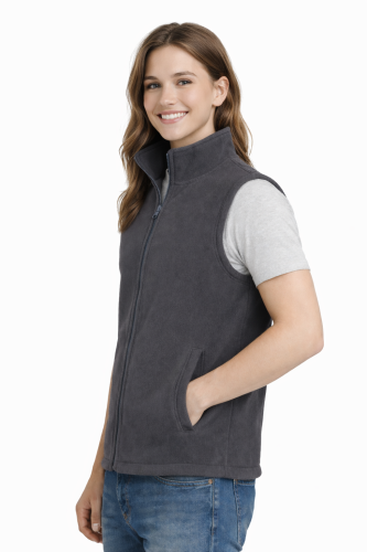 Kamizelka damska bezrękawnik polar zapinany na zamek szary widok z boku.png