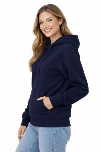 Bluza damska z kapturem kieszeniami granatowa widok z boku.png