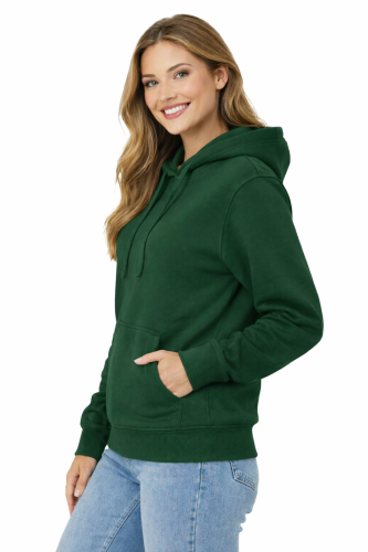 Bluza damska z kapturem kieszeniami zielona butelka widok z boku.png