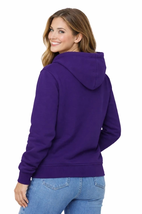 Bluza damska z kapturem kieszeniami purpurowa widok z tyłu.png