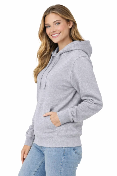 Bluza damska z kapturem kieszeniami jasna szara widok z boku.png