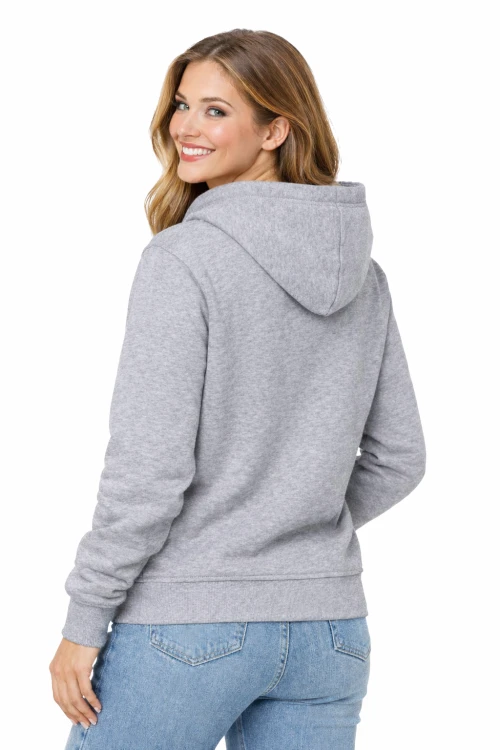 Bluza damska z kapturem kieszeniami jasna szara widok z tyłu.png