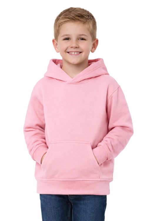 Bluza sportowa z kapturem i długim rękawem dziecięca dla chłopca i dziewczynki różowa widok chłopca.png