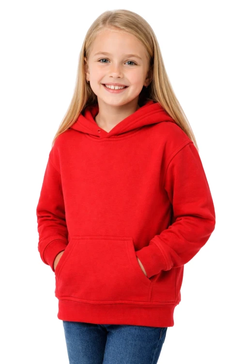 Bluza sportowa z kapturem i długim rękawem dziecięca dla chłopca i dziewczynki czerwona widok dziewczynki.png