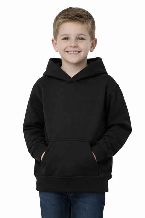 Bluza sportowa z kapturem i długim rękawem dziecięca dla chłopca i dziewczynki czarna widok chłopca.png
