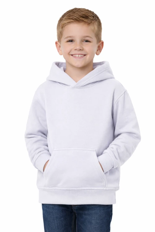 Bluza sportowa z kapturem i długim rękawem dziecięca dla chłopca i dziewczynki biała widok chłopca.png