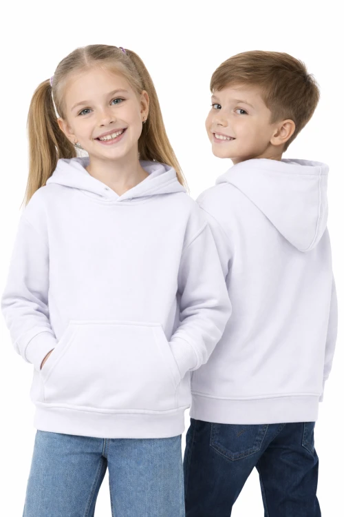 Bluza sportowa z kapturem i długim rękawem dziecięca dla chłopca i dziewczynki biała.png