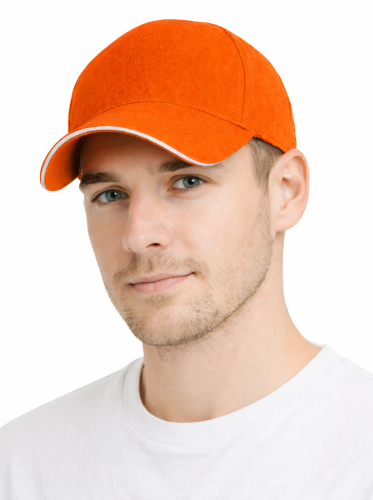 Czapka z daszkiem 5 paneli otwory wentylacyjne unisex opaska przeciwpotna pomarańczowa przód.png