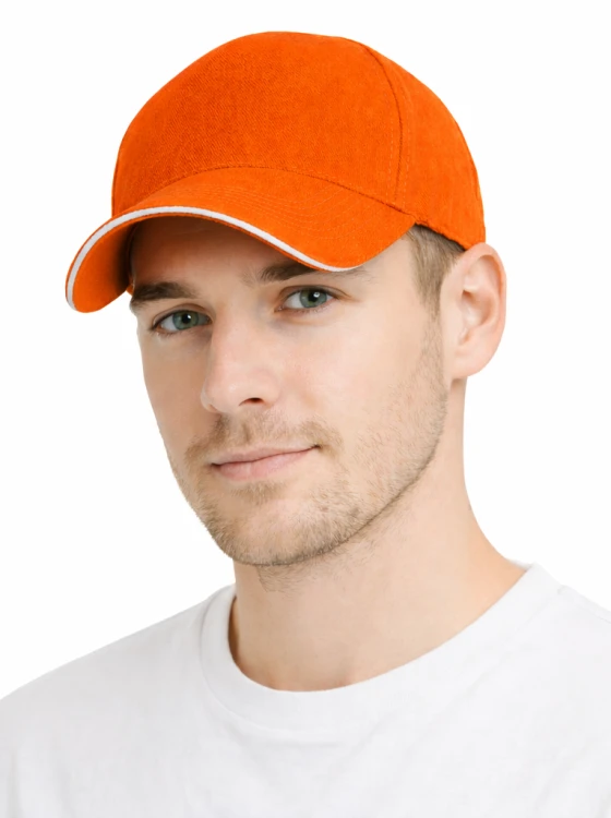 Czapka z daszkiem 5 paneli otwory wentylacyjne unisex opaska przeciwpotna pomarańczowa przód.png