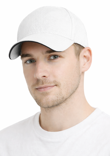 Czapka z daszkiem 5 paneli otwory wentylacyjne unisex opaska przeciwpotna biała przód.png