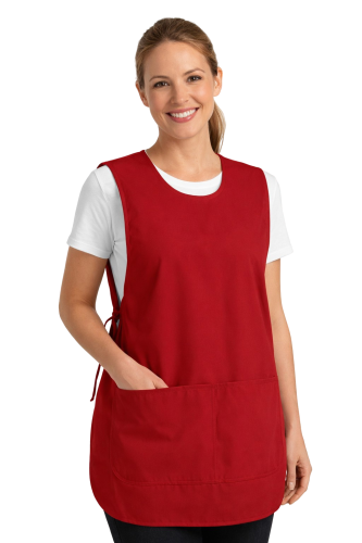 Fartuszek kuchenny wkładany przez głowę zawiązywany z boku z podwójną kieszenią kolor czerwony.png