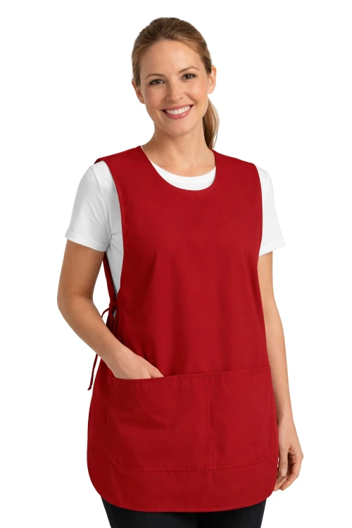 Fartuszek kuchenny wkładany przez głowę zawiązywany z boku z podwójną kieszenią kolor czerwony.png