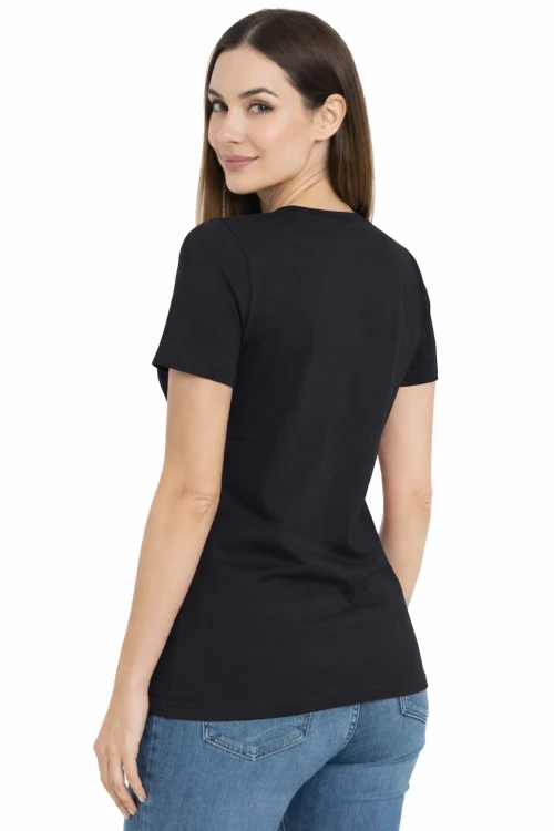 Koszulka z krótkim rękawem damska dekolt w serek kolor czarny widok z tyłu.png