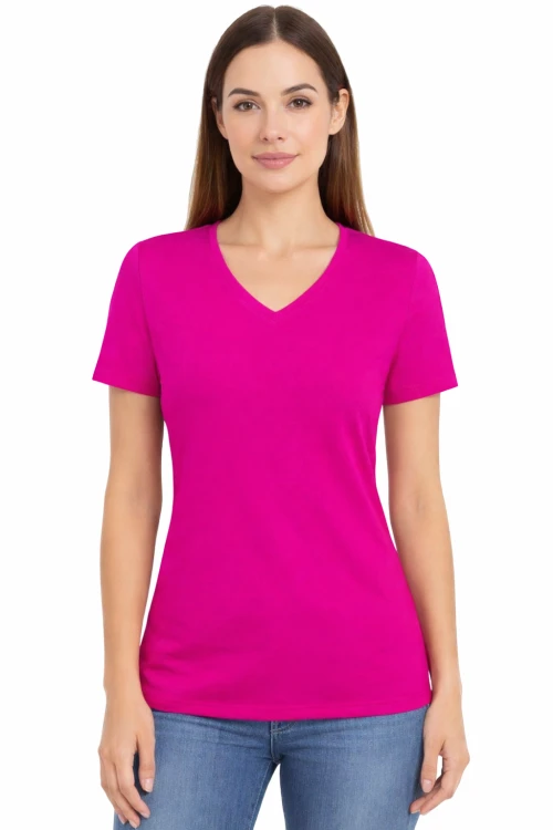 Koszulka z krótkim rękawem damska dekolt w serek kolor fuksja.png