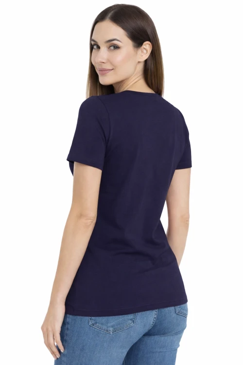 Koszulka z krótkim rękawem damska dekolt w serek kolor granatowy widok z tyłu.png