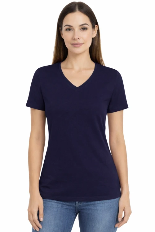 Koszulka z krótkim rękawem damska dekolt w serek kolor granatowy.png