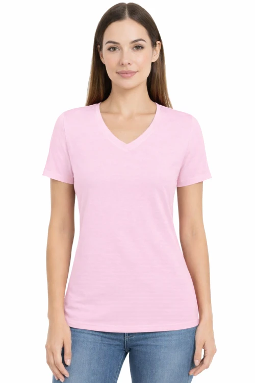 Koszulka z krótkim rękawem damska dekolt w serek kolor różowy.png