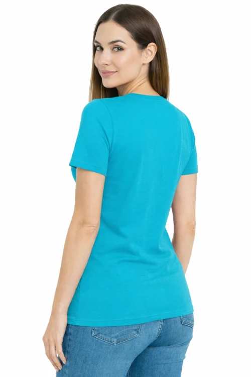 Koszulka z krótkim rękawem damska dekolt w serek kolor turkusowy widok z tyłu.png