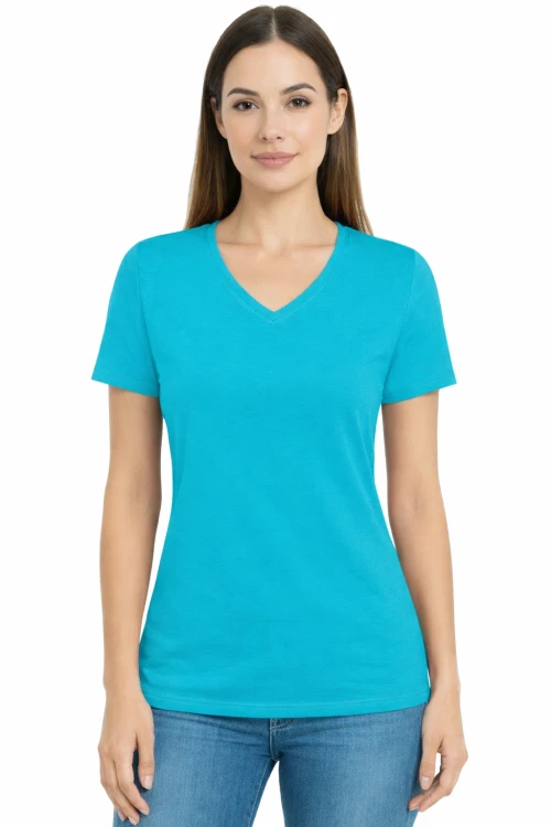 Koszulka z krótkim rękawem damska dekolt w serek kolor turkusowy.png