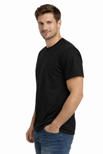 T-shirt męski krótki rękaw bawełna kolor czarna widok z boku.png