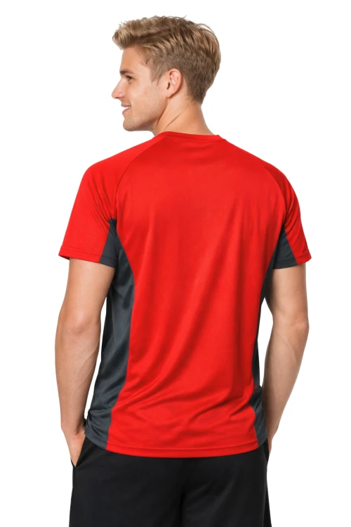 Koszulka sportowa z ciemnymi wstawkami bocznymi kolor czerwony widok z tyłu.png