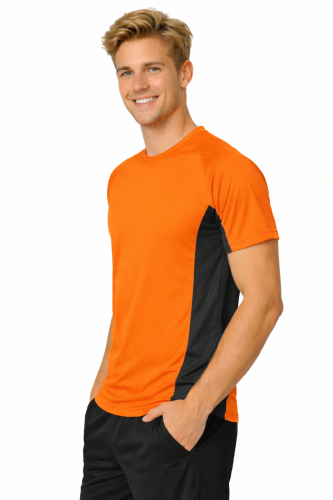 Koszulka sportowa z ciemnymi wstawkami bocznymi kolor pomarańczowy FLUO widok z boku.png