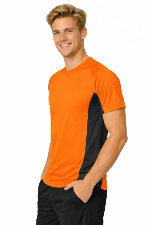 Koszulka sportowa z ciemnymi wstawkami bocznymi kolor pomarańczowy FLUO widok z boku.png