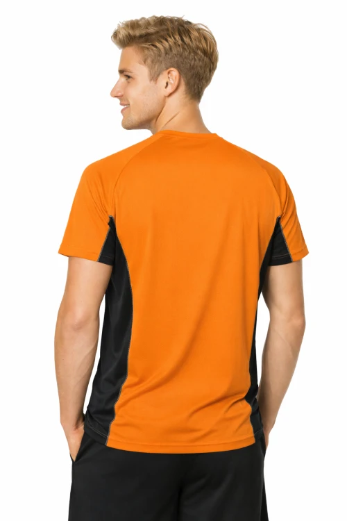 Koszulka sportowa z ciemnymi wstawkami bocznymi kolor pomarańczowy FLUO widok z tyłu.png